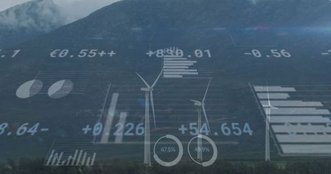 Wind turbines with renewable energy data over mountain