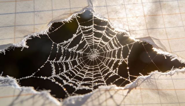 Dew-covered orb spider web glistening in morning light framed by torn lined notebook paper