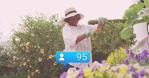 Senior woman engaging in gardening with social media symbol
