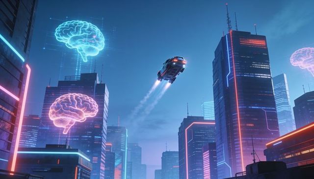 Retro flying car soaring above neon cyberpunk skyline with holographic brains at dusk