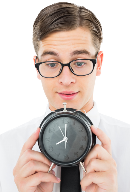 Transparent Timeliness: Young Businessman Holding Alarm Clock - Download Free Stock Videos Pikwizard.com