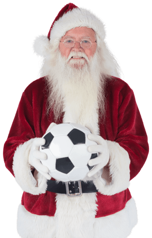 Santa claus holding football on transparent background for christmas fun