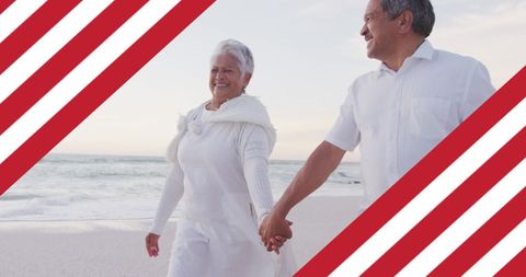 United States Flag Over Diverse Senior Couple on Beach