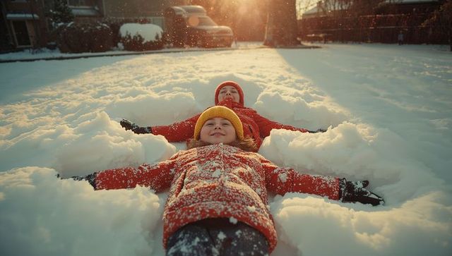 Joyful siblings making snow angels in winter yard