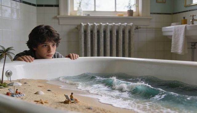 Teen boy leaning over bathtub watching miniature beach with crashing waves and sand