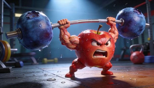 Muscular apple lifting massive blueberry barbell in gym, intense fitness concept, 3d cartoon