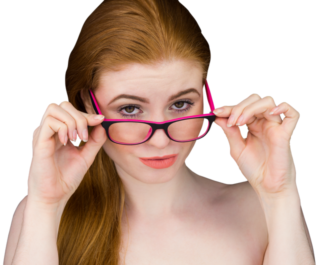 Beautiful redhead woman translucent background posing with glasses up close - Download Free Stock Videos Pikwizard.com