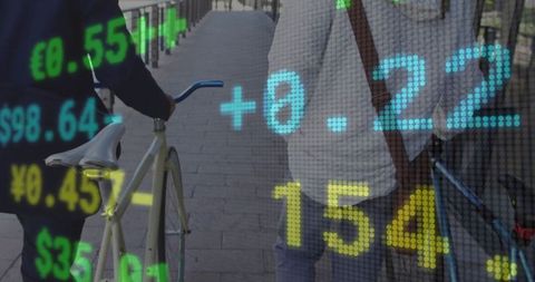 Friends Walking by Riverside with Bicycles and Financial Display Overlay