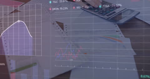 Hands Calculating Budget with Financial Graphs and Data Overlay
