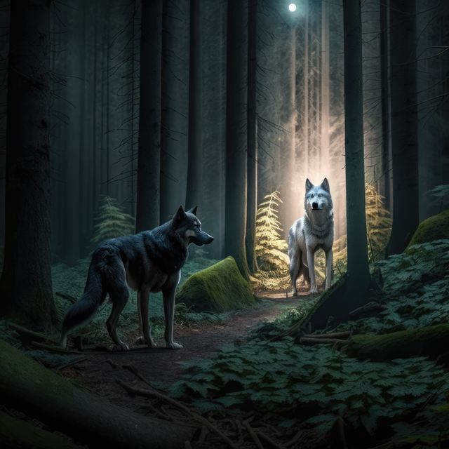 Two wolves are standing among tall trees in an enchanted forest illuminated by moonlight. Light rays create a mystical atmosphere, highlighting each wolf's unique presence. Perfect for use in fantasy storytelling, nature documentaries, wildlife themes, or as atmospheric artwork for decor.
