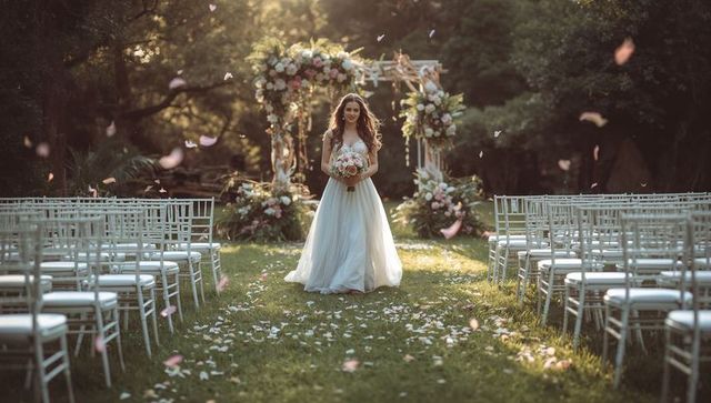 Bride walking down garden aisle holding bouquet under floral arch with falling petals