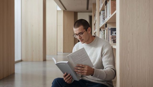 Reading man sitting on floor beside bookshelf in minimalist warm wood library corridor