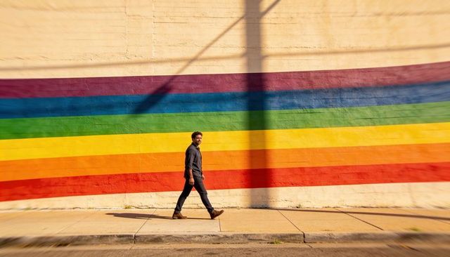 Casual man walking past vibrant rainbow mural on sunlit sidewalk, lifestyle, pride