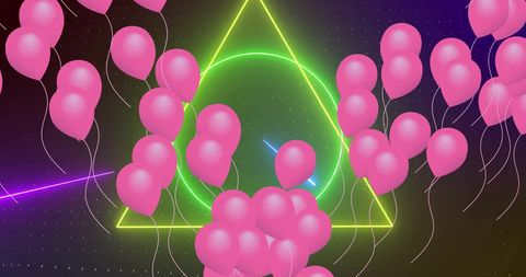 Pink balloons over colorful neon geometric background
