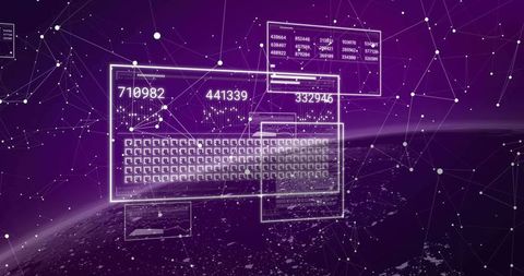 Purple holographic data interface hovering above Earth with virtual keyboard and network