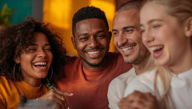 Laughing friends sharing cozy living room moment with warm mustard and rust tones