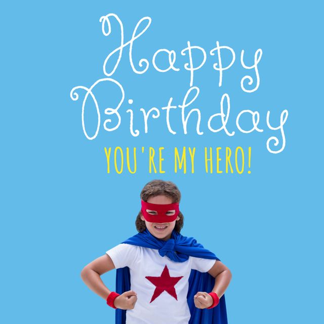 Perfect for birthday cards and party invitations, this vibrant image captures a child dressed as a superhero with a joyful expression. It can be used to create an energetic and empowering birthday message for young children, inspiring imagination and enthusiasm.