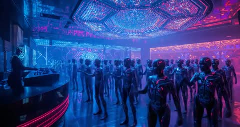 Neon-Powered Robot Dance Party Under LED Chandelier with DJ