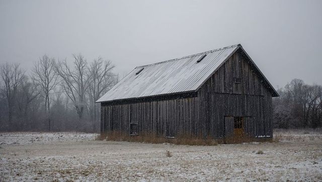 Weathered wooden barn standing in snowy field with falling snow and misty trees