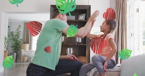 Father and Daughter Sharing Joyful Moment at Home with Graphic Overlay