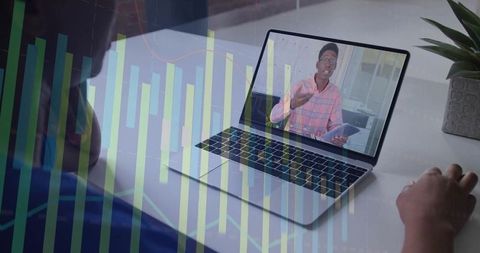 Remote presenter with data visualization on laptop for virtual meeting and analytics