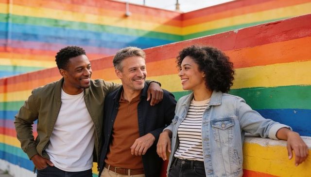 Three friends leaning and laughing by rainbow mural in urban plaza, casual denim and bomber jackets