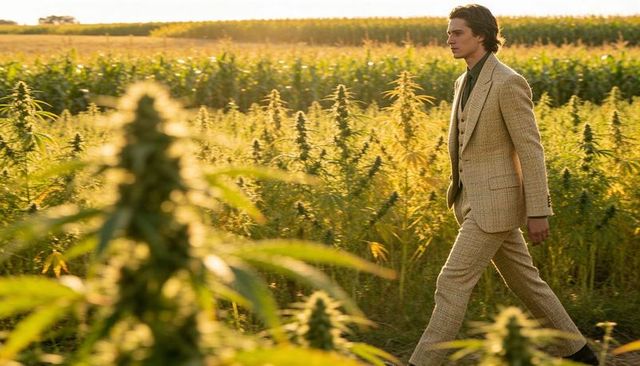 Tailored suit man walking through sunlit hemp field at golden hour, countryside elegance