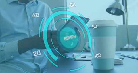 Man holding smartphone checking digital hud overlay on office desk with coffee cup