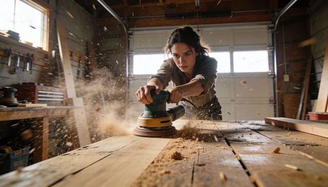 Woman sanding rustic wood table with orbital sander, sawdust flying, focused work
