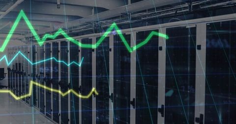 Futuristic Data Center with Overhead Neon Graphs