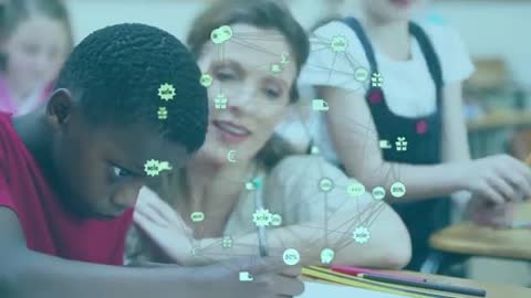 Teacher Guiding Student in Classroom with Digital Learning Icons