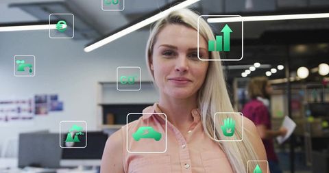 Businesswoman in Modern Office with Futuristic Growth Icons