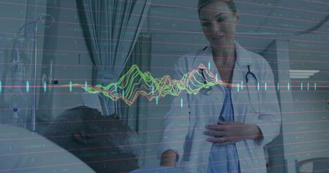 Doctor monitoring patient with overlay of medical waveforms