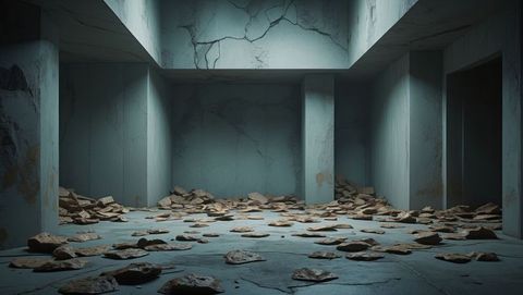 Abandoned Concrete Chamber with Rubble and Cracked Pillar - Download Free Stock Images Pikwizard.com