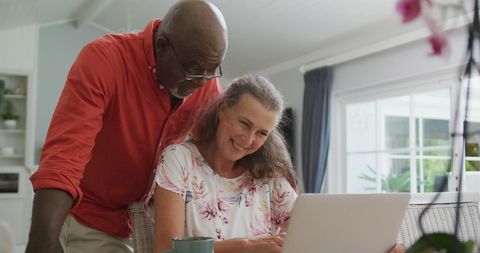 Senior couple enjoying leisure time with laptop indoors