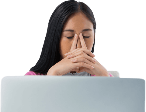 Transparent Tired Businesswoman Frustration Behind Laptop