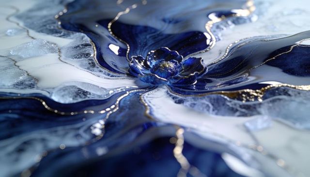 Gleaming deep blue resin bloom with gold veins and crystalline marble texture