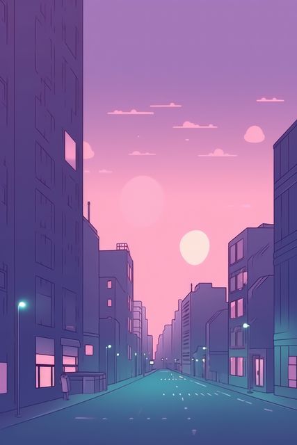 Digital illustration depicting a futuristic urban street at dusk. Showing tall buildings lined up along an empty street, illuminated by neon lights. The sky is glowing with hues of pink and purple, adding a surreal backdrop to the modern architecture. Useful for themes of future cities, science fiction, modern urban designs, and neon aesthetics in digital and printed content.
