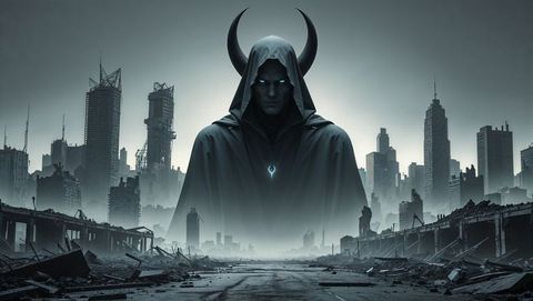 Satan figure overlooking apocalyptic cityscape