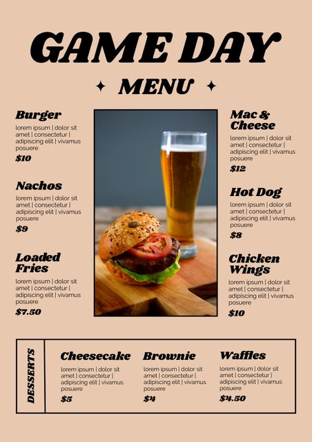 Ideal for sports bar and restaurant promotions. Featuring classic game day food items, enticing burger image, and refreshing beer to appeal to fans looking for snacks and drinks during the game.