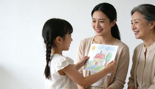 Little girl shows colorful house drawing to smiling mom and grandma at home