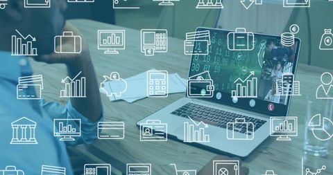 Business team collaborating over laptop with financial analytics overlay and virtual meeting