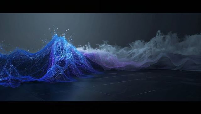 Pulsing purple wireframe mountain glowing in neon fog with sparks and reflective grid
