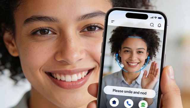 Young woman verifying identity with phone smiling and nodding to facial recognition login