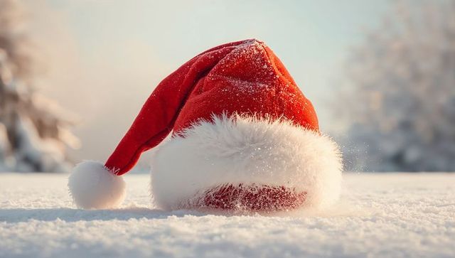 Red Santa Hat Resting on Fresh Snow with Sparkling Snow Crystals