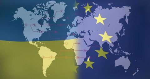 Global network map showing yellow-blue split with eu stars, connectivity nodes and routes