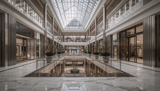 Grand glass-vaulted atrium in luxury mall featuring marble floors and glass balustrades