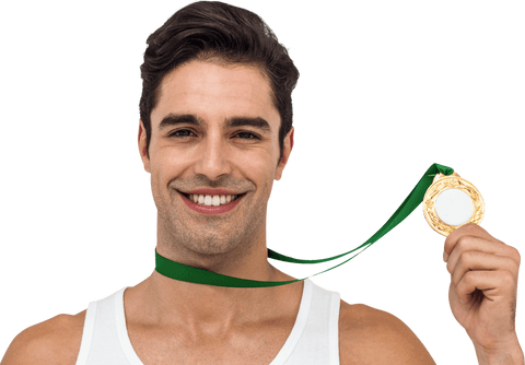 Smiling Athlete Celebrating with Gold Medal on Transparent Background