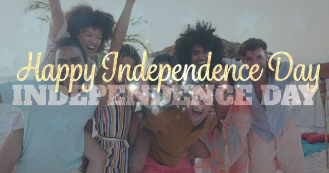 Image of happy independence day text and light spots over diverse friends at beach. 4th of july and celebration concept digitally generated image.
