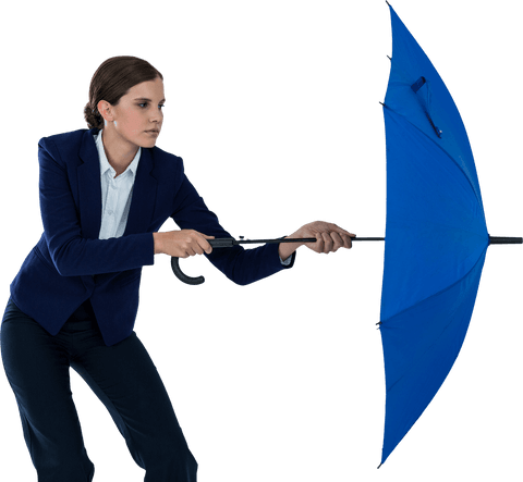 Transparent confident businesswoman defending with strong blue umbrella